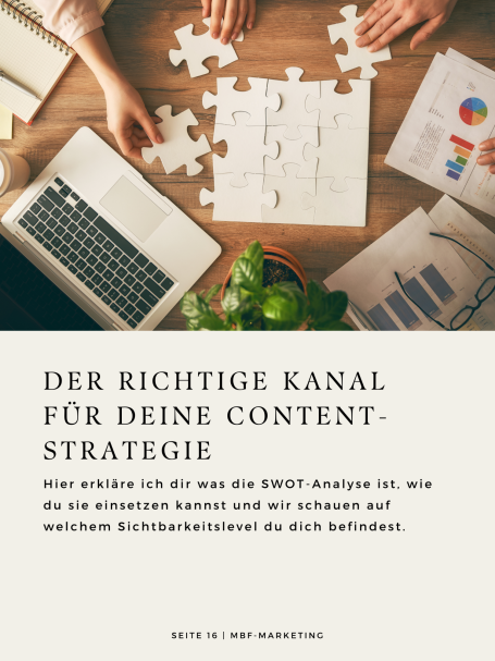Eine Schreibtischszene mit Puzzlestücken und dem Text zur Content-Strategie.