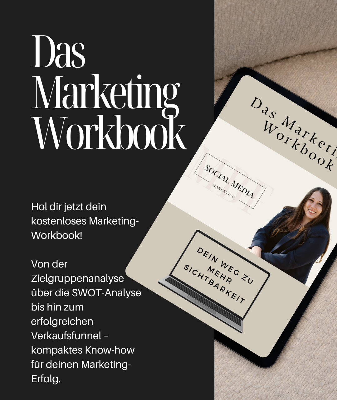 Ein Tablet zeigt das Cover des Marketing Workbooks mit einer Frau und Titeltext.